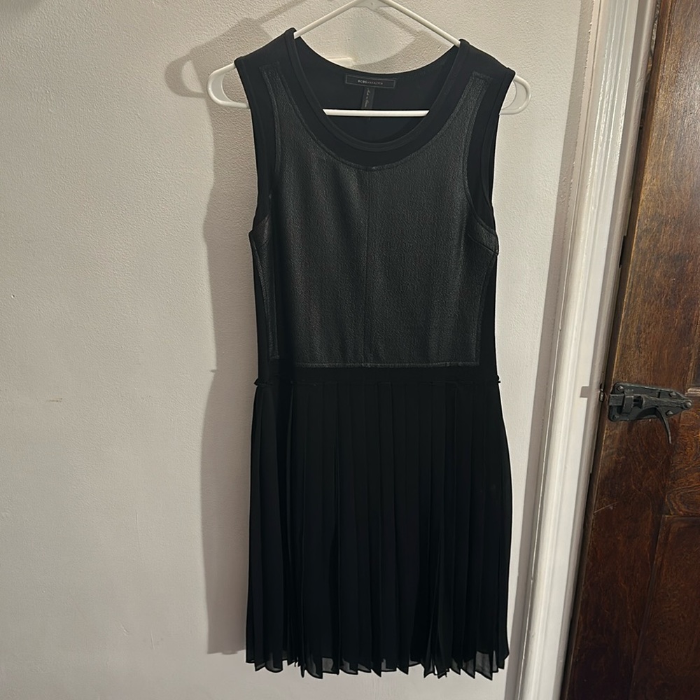 BCBG dress with leather and sheer panels, size small